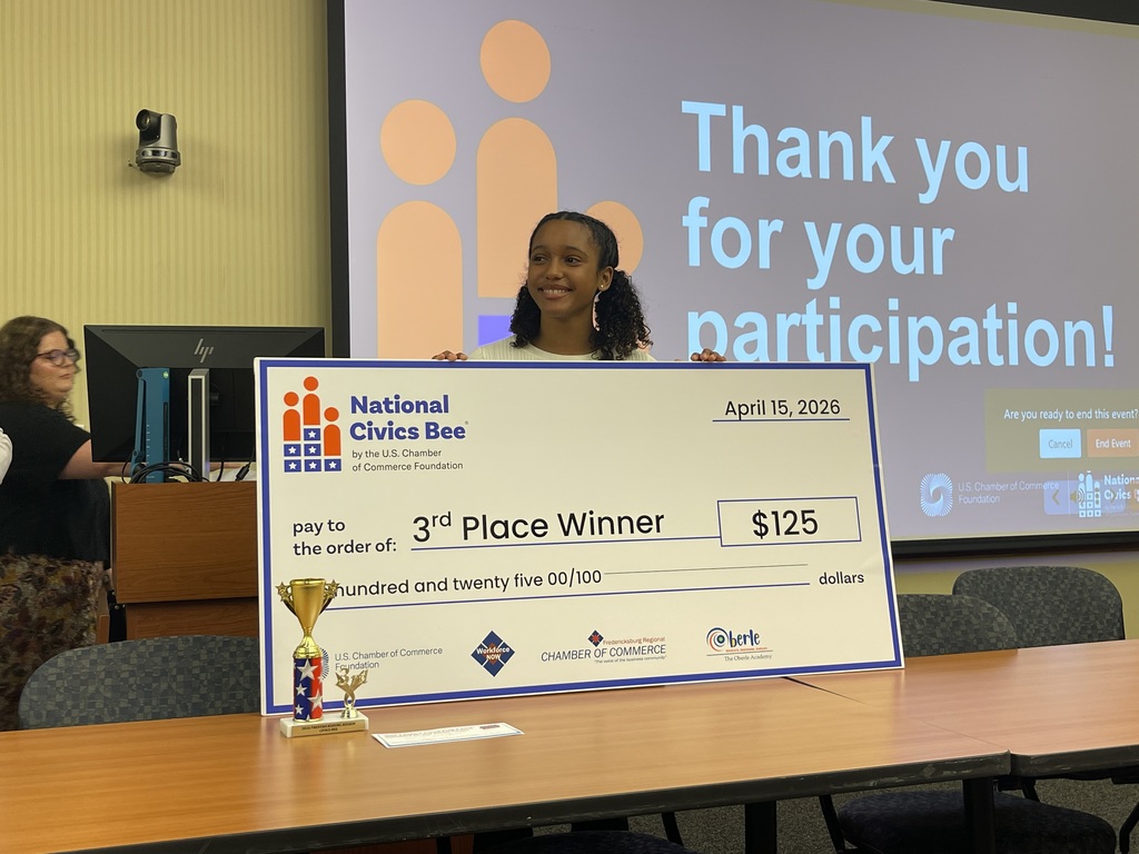 Students advanced to the Regional Civics Bee after submitting essays on issues impacting their community. Of the 16 selected from WGMS, 14 competed and all advanced to the second round. Two students placed in the top five: Gabriela Johns earned third place, and Mikaela Hughes finished fifth. All participants walked away with prizes, valuable experience, and a deeper understanding of our democracy.