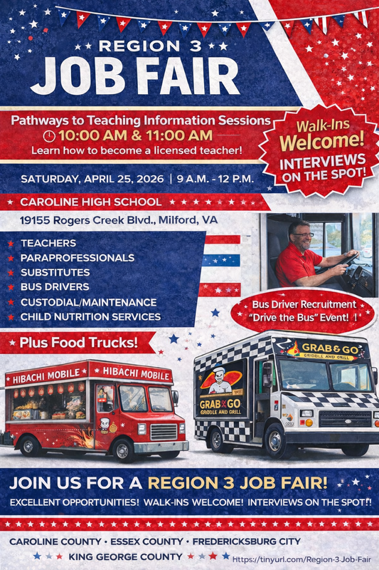Looking for your next opportunity in education? 👀 Join us at the Region 3 School Division Job Fair!  Fredericksburg City, Caroline County, Essex County, and King George County Public Schools are teaming up to connect with candidates ready to make a difference.  🗓 April 25 ⏰ 9:00 AM – 12:00 PM 📍 Caroline High School  We’re hiring across a wide range of roles, including teachers, paraprofessionals, bus drivers, custodial and maintenance staff, food service, and substitutes.  Thinking about becoming a teacher? Don’t miss our Pathways to Licensure workshops at 10 AM or 11 AM.  👉 Register here: https://tinyurl.com/Region-3-Job-Fair   Come meet the teams, ask questions, and take the next step toward a career in education.