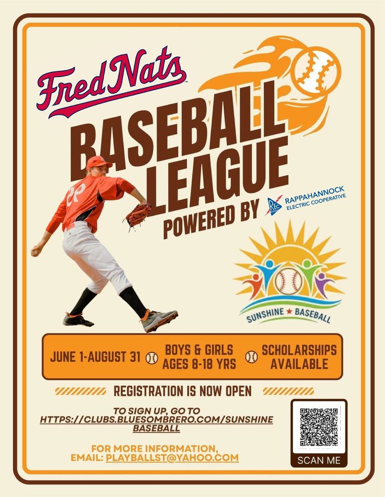 ⚾ Play ball this summer, FCPS!  Registration is now open for the Fred Nats Baseball League, running June 1 through August.  Open to boys and girls ages 8–18, this league is a great way for students to learn the game, build confidence, and stay active all summer long.  ✔ Scholarships available (free entry for qualifying students) ✔ Local fields at James Monroe High School ✔ Welcoming environment for all skill levels  📲 Register using the link below. https://clubs.bluesombrero.com/sunshinebaseball