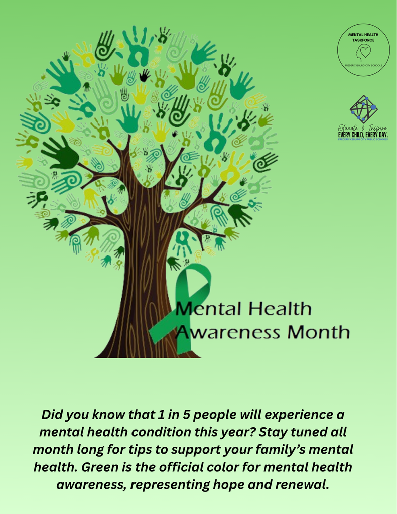 May is Mental Health Awareness Month. 💚  Did you know 1 in 5 people will experience a mental health condition this year? All month long, we will be sharing tips to support your family’s mental health.  Green is the official color of mental health awareness and represents hope and renewal.