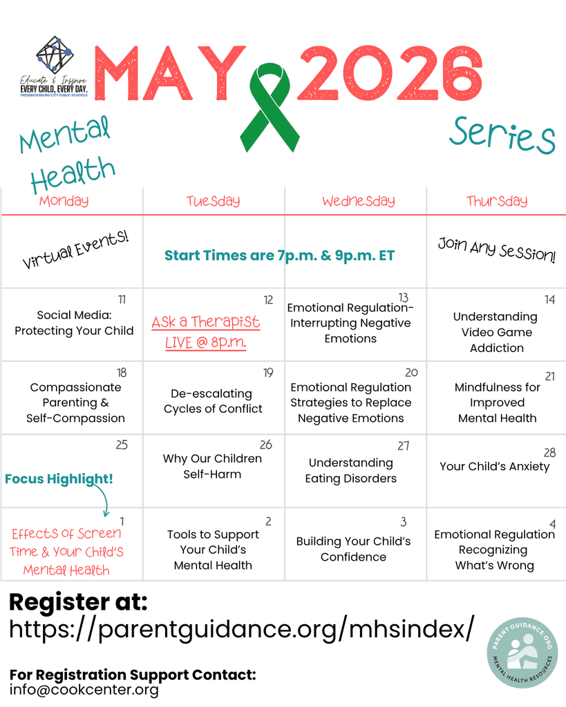 💻 FREE Virtual Mental Health Series for Families – May 💚   Families are invited to join a FREE virtual mental health series this May, presented by ParentGuidance.org through The Cook Center for Human Connection.   🕖 All sessions are offered at:  👉 7:00 p.m. & 9:00 p.m. ET   ⭐ Special Highlights Include:  • Ask a Therapist LIVE – May 12 at 8:00 p.m. ET  • The Effects of Screen Time & Your Child’s Mental Health – June 1   ✅ Expert‑led  ✅ Virtual & convenient  ✅ Free for families 