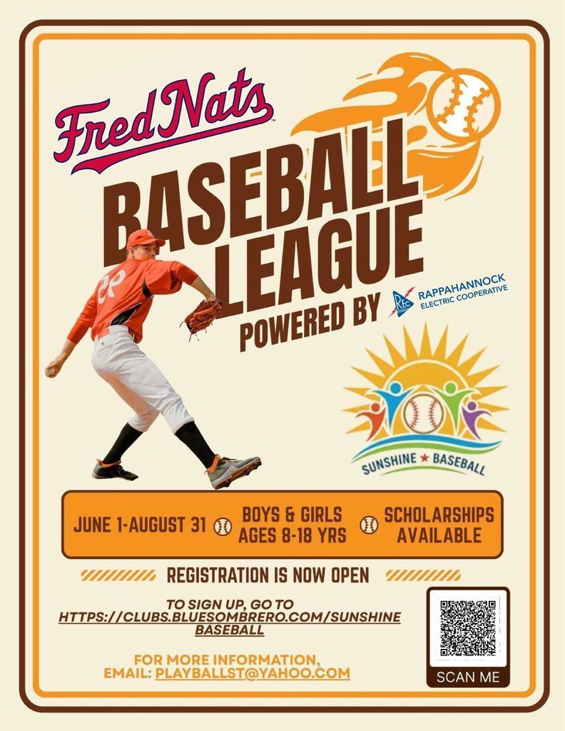⚾ Play ball this summer, FCPS!  Registration is now open for the Fred Nats Baseball League, running June 1 through August.  Open to boys and girls ages 8–18, this league is a great way for students to learn the game, build confidence, and stay active all summer long.  ✔ Scholarships available (free entry for qualifying students) ✔ Local fields at James Monroe High School ✔ Welcoming environment for all skill levels  📲 Register using the link below. https://clubs.bluesombrero.com/sunshinebaseball