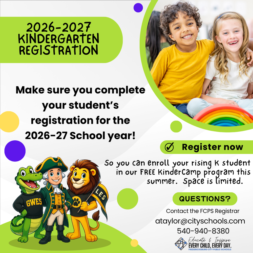 2026-2027 Kindergarten Registration Make sure you complete your student’s registration for the 2026-27 school year! Register now so your rising kindergarten student can enroll in our FREE KinderCamp program this summer. Space is limited! Visit this link for more information: https://www.fxbgschools.us/o/fcs/page/new-student-registration Contact the FCPS Registrar with any questions. ataylor@cityschools.com; 540-940-8380