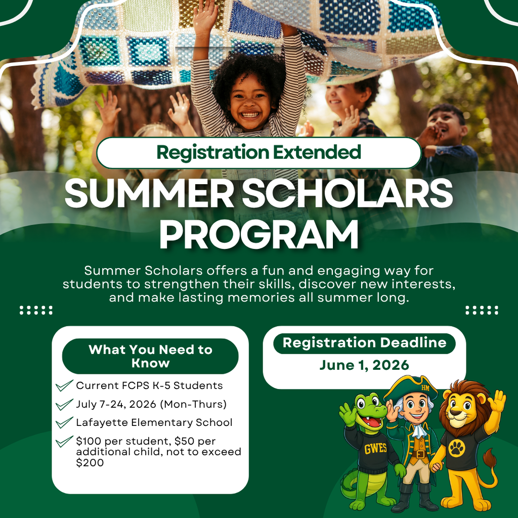 ☀️ Superintendent’s Summer Scholars Program ☀️ The registration deadline has been extended to June 1, 2026! Summer Scholars is a great opportunity for students to continue learning through engaging activities, hands-on experiences, and exciting field trips this summer. 📍 Lafayette Elementary School 📅 July 7-24, 2026 (Monday-Thursday only, no Fridays) ⏰ 8:45 AM-12:45 PM ⏰ Mondays, July 13 & July 20: 8:45 AM-3:00 PM 👧 Open to current FCPS K-5 students 💲 Program Cost: • $100 per student • $50 per additional child • Family maximum: $200 • Field trip entrance fees not included Payment is due at the time of registration unless preapproved payment plans are in place. ❓Questions? Please contact your school’s summer program administrator: • Gladys West: Tony Lewis | (540) 372-1140 • Hugh Mercer: Brian Cannavo | (540) 372-1115 • Lafayette: Matthew Bailey | (540) 372-1135 Program Coordinator: Dina Vales 📧 dvales@cityschools.com By submitting a registration form, you are giving permission for your student to attend all Summer Scholars field trips. Families are responsible for notifying the school of any medical needs prior to the start of the program by emailing the program coordinator. 🔗 Register here: https://bit.ly/4dQl7kq