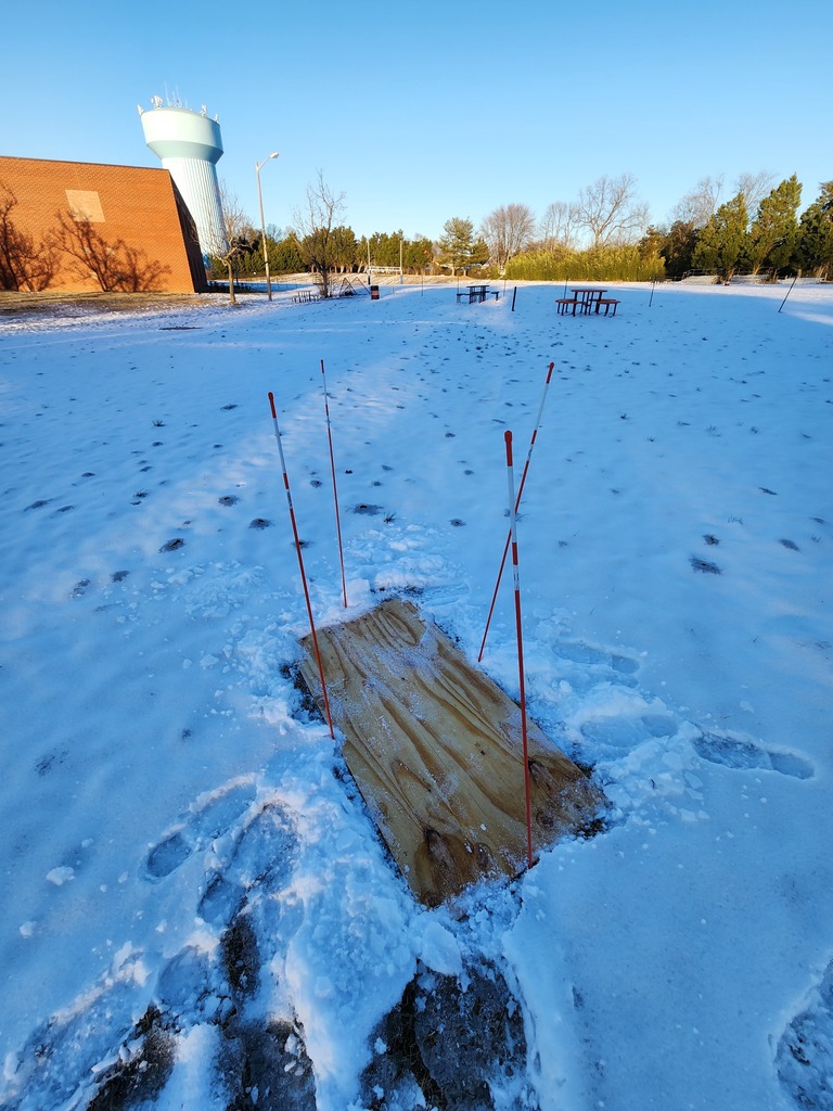 If you see a piece of plywood surrounded by four orange marking sticks at various locations in the City, please do not disturb them.  This is actually a method that is used to report snow accumulation to the National Weather Service.  These were used during our most recent snow event, and they have been cleared with the anticipation we could see some more snow in the next couple of days.  They are placed at four locations throughout the City: Walker Grant Middle School, Dixon Park, Memorial Park, and the Ballfields/ Community Garden across from Wicklow Drive.