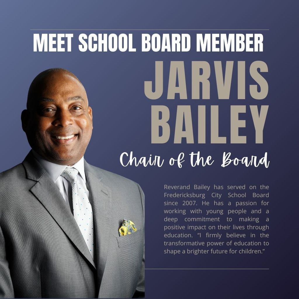 VSBA SCHOOL BOARD APPRECIATION MONTH Meet Chair of the Board Jarvis Bailey. Reverand Bailey has served on the Fredericksburg City School Board since 2007. He has a passion for working with young people and a deep commitment to making a positive impact on their lives through education. “I firmly believe in the transformative power of education to shape a brighter future for children.” #VSBASchoolBoardAppreciationMonth @VirginiaSchoolBoardsAssociation