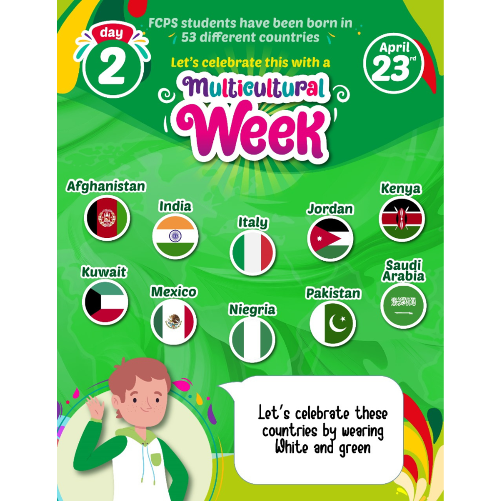 April is our diversity month! Each school will have different events throughout the month. Please pay attention to your school’s communications and calendar about these events.  As a division, we will have a trivia contest, a family event, and our Multicultural week from April 22nd to the 26th. This year we will be celebrating the 53 countries where our students have been born by wearing specific colors!  Monday April 22nd yellow and red  Tuesday April 23rd white and green  Wednesday April 24th blue and white  Thursday April 25th blue and red  Friday April 26th red and white  More information about the other events will be posted in the following weeks!