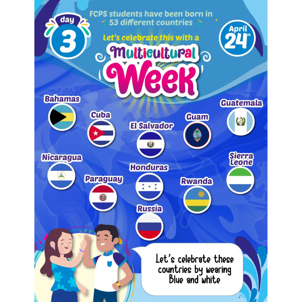 April is our diversity month! Each school will have different events throughout the month. Please pay attention to your school’s communications and calendar about these events.  As a division, we will have a trivia contest, a family event, and our Multicultural week from April 22nd to the 26th. This year we will be celebrating the 53 countries where our students have been born by wearing specific colors!  Monday April 22nd yellow and red  Tuesday April 23rd white and green  Wednesday April 24th blue and white  Thursday April 25th blue and red  Friday April 26th red and white  More information about the other events will be posted in the following weeks!