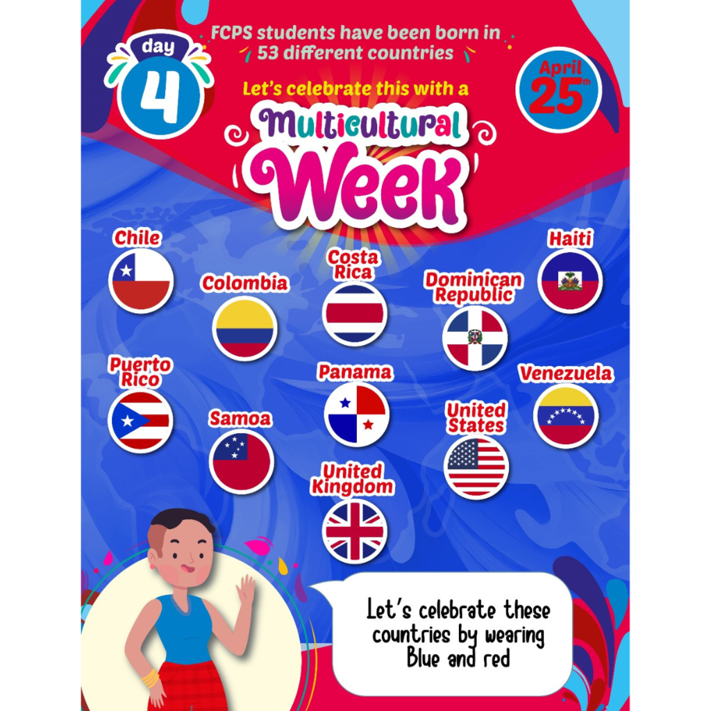 April is our diversity month! Each school will have different events throughout the month. Please pay attention to your school’s communications and calendar about these events. As a division, we will have a trivia contest, a family event, and our Multicultural week from April 22nd to the 26th. This year we will be celebrating the 53 countries where our students have been born by wearing specific colors! Monday April 22nd yellow and red Tuesday April 23rd white and green Wednesday April 24th blue and white Thursday April 25th blue and red Friday April 26th red and white More information about the other events will be posted in the following weeks!