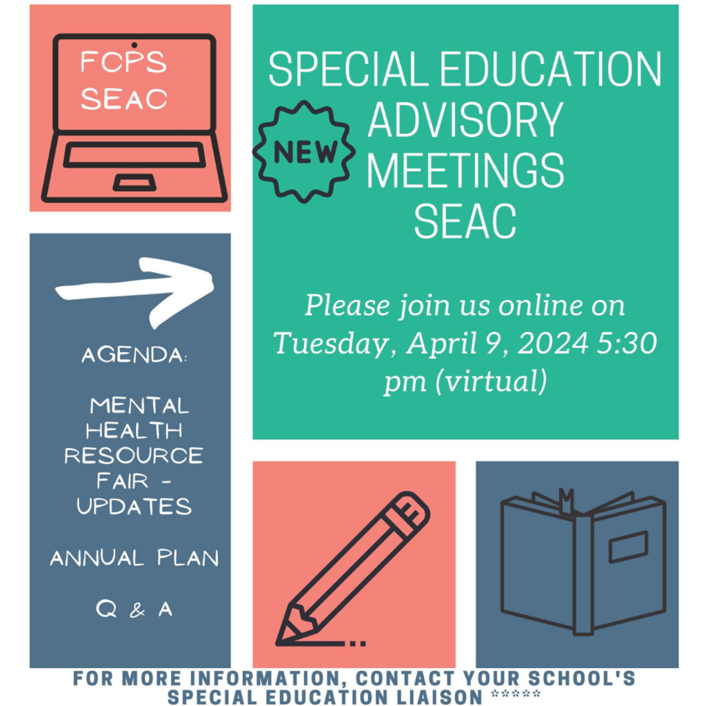 We look forward to seeing you virtually for the Special Education Advisory Committee on Tuesday, April 9, 2024, from 5:30-6:30pm.