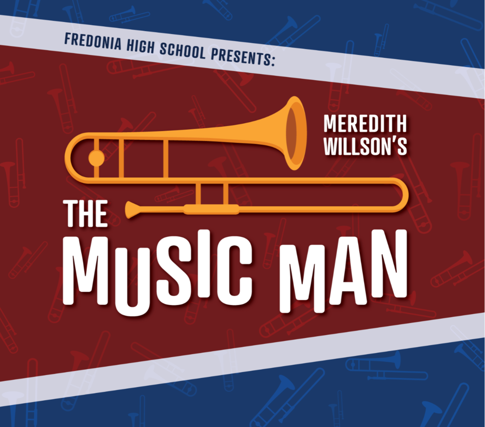 Image of a trombone with the words The Music Man