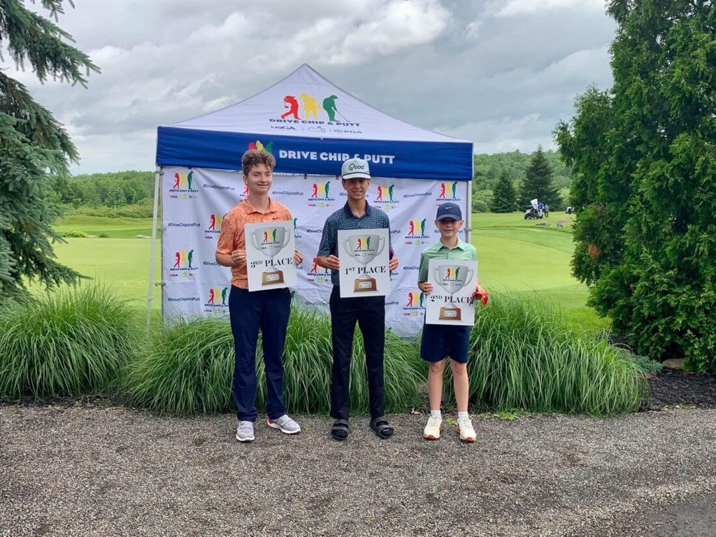 Fredonia’s Kaison Malkowski, center, won the Drive, Chip & Putt local qualifier at The Ridge Golf Course in Waterford, Pa. on June 19. Submitted Photo