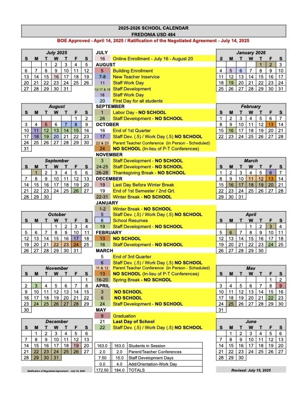 2025-2026 Fredonia School Calendar