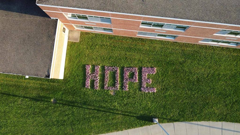 2,997 American flags spelling HOPE in honor of the lives lost on 9-11-2001.