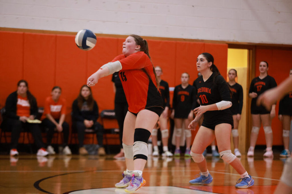 OBSERVER Photo by Ashleigh Brown Fredonia’s Sidalee Lewis passes the ball to a teammate during Thursday’s Section VI Class B1 quarterfinal against Tonawanda at Fredonia High School.