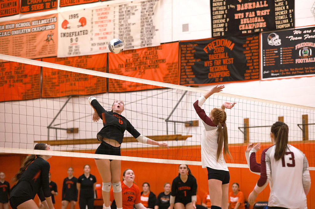 OBSERVER Photo by Ashleigh Brown Fredonia’s Londyn Wilmot rises up for a spike during Thursday’s Section VI Class B1 quarterfinal match against Tonawanda at Fredonia High School.