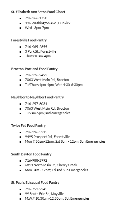 Fredonia Local Food Pantries