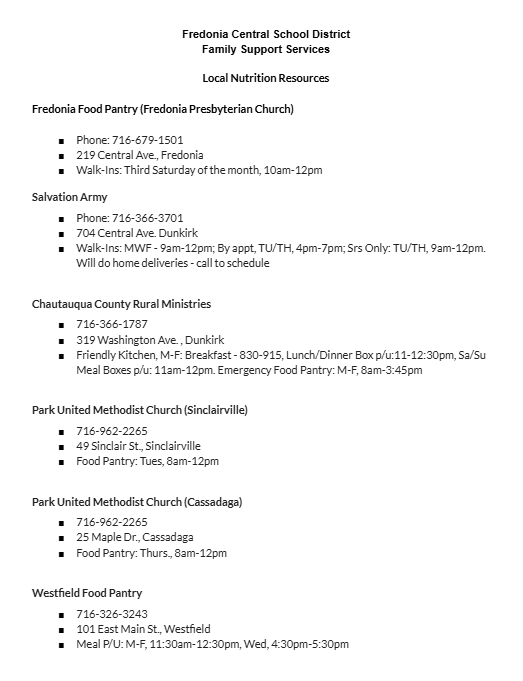 Fredonia Local Food Pantries