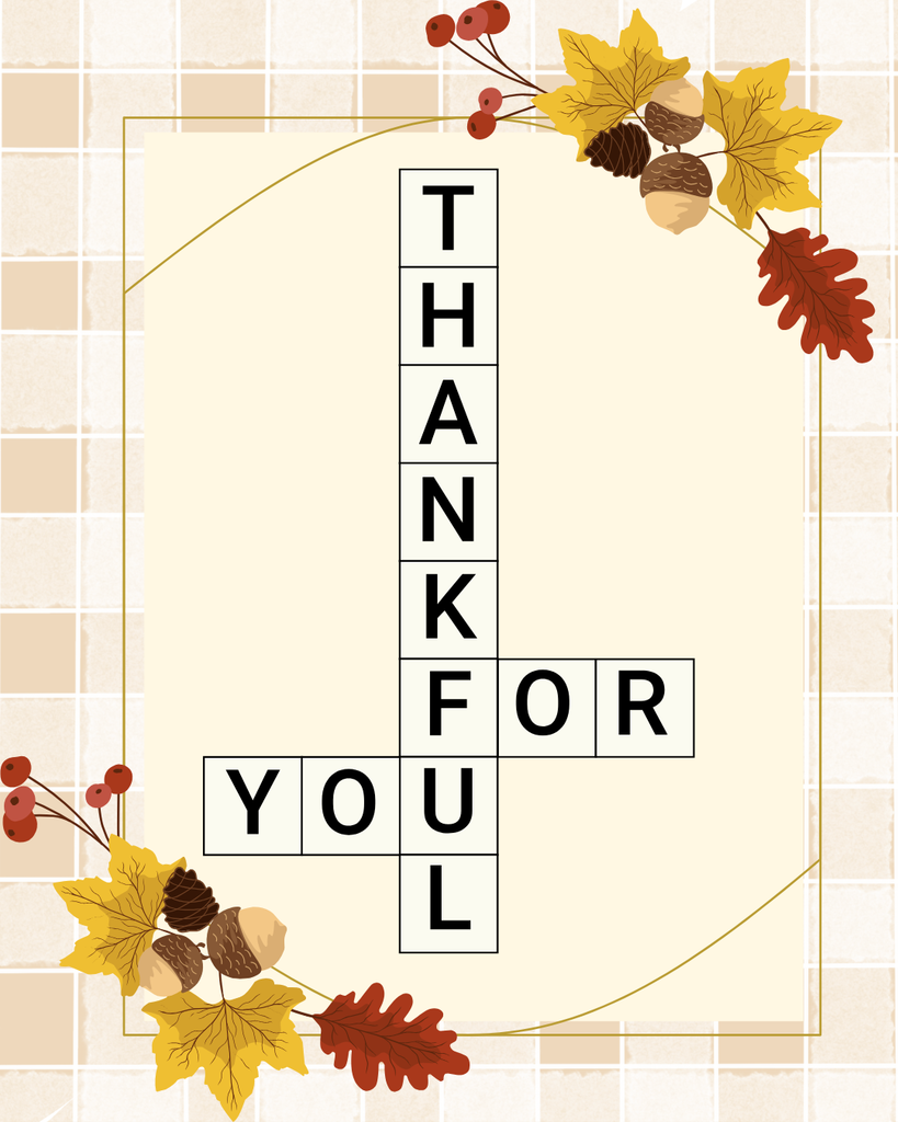 Crossword puzzle that reads "Thankful For You"
