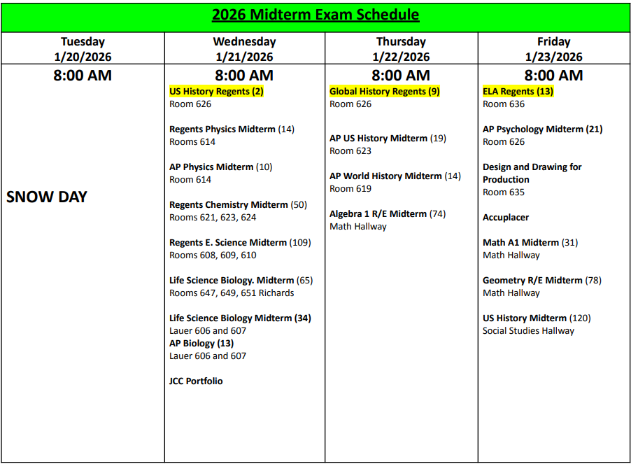 2026 January Midterms/Regents - Revised AM Schedule