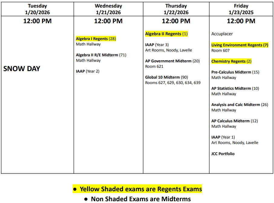 2026 January Midterms/Regents - Revised PM Schedule
