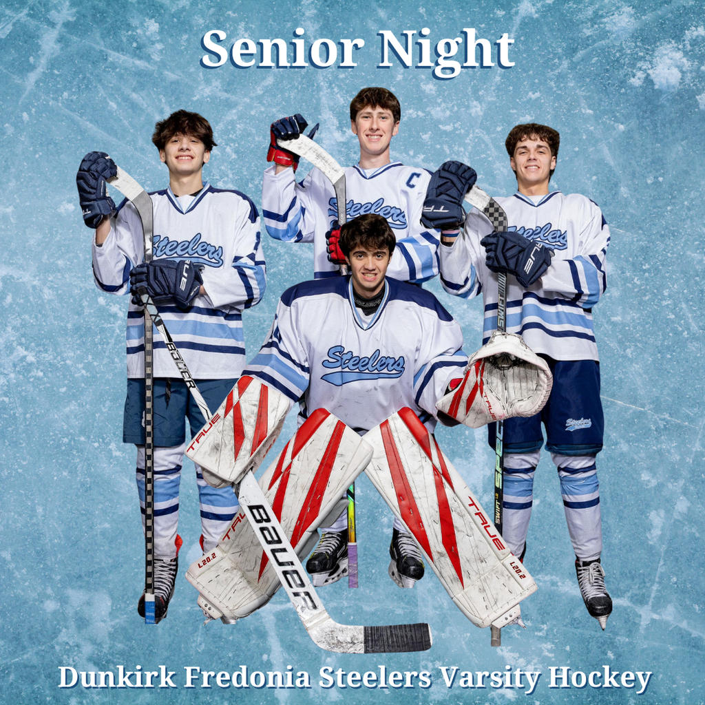 Picture of  Ryan Wegrzynowski, Brady Crawford, Amato Fadale, and Braiden Truby, FHS seniors  in their hockey uniforms.