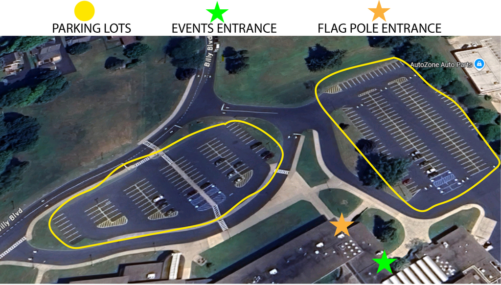 Map showing parking lots and entrances.