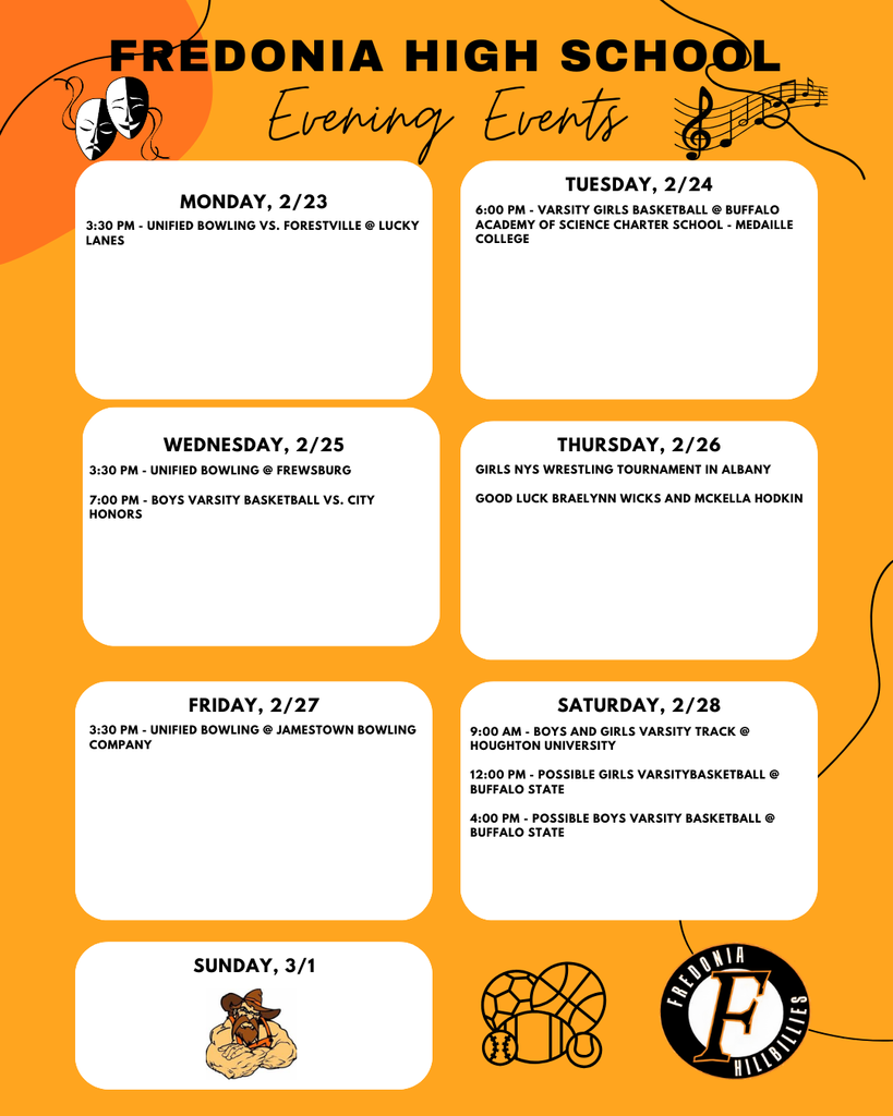 Evening Events at Fredonia High School - Week of 2/23/26.