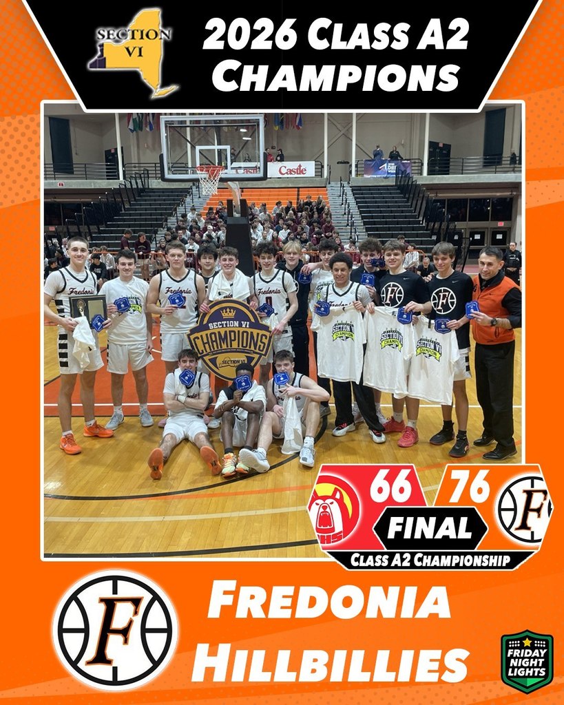 Photo of the Fredonia Varsity Basketball team, Class A2 Section 6 Champions!