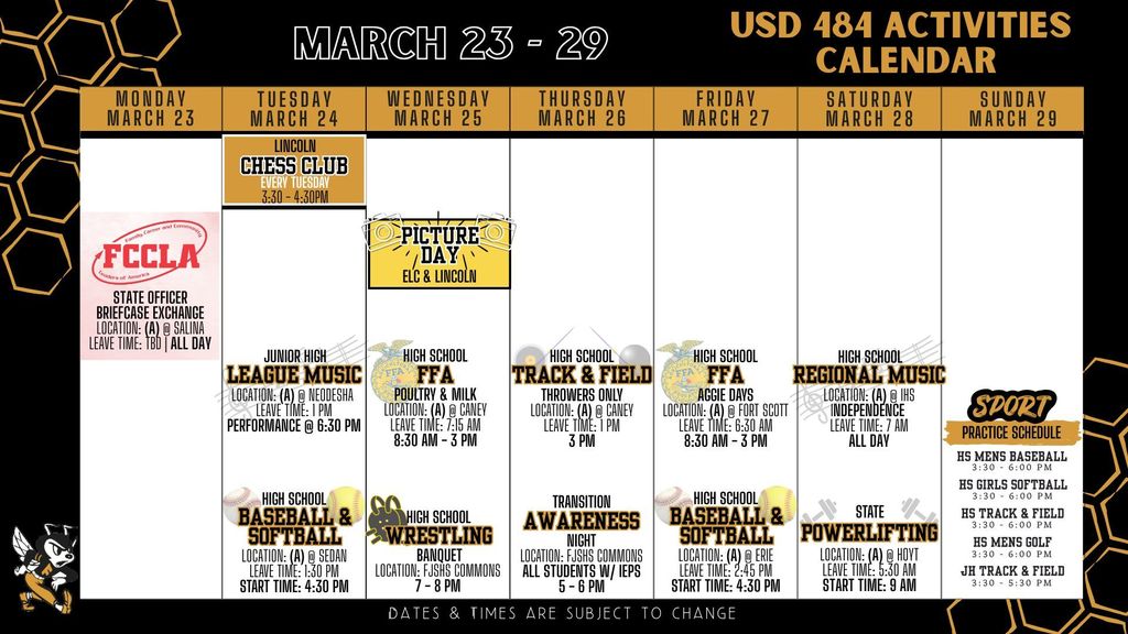 Weekly Calendar 2026 - March 23 - 29