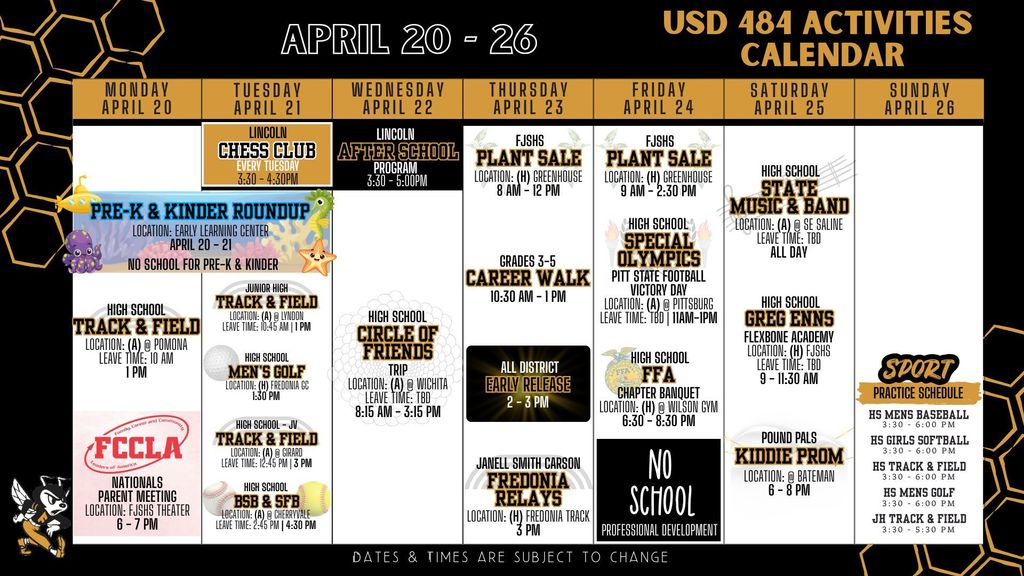 Weekly Calendar 2026 - April 20 - 26