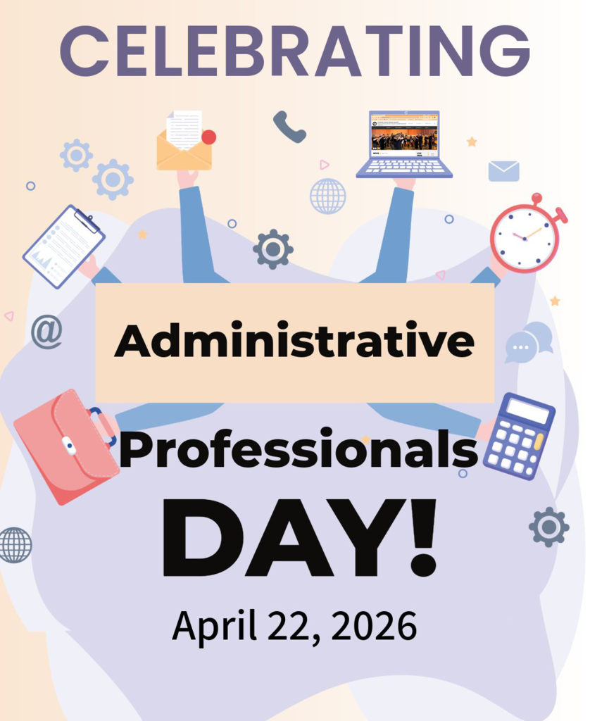 Graphic displaying the icons of items used by administrative professionals on a daily basis.