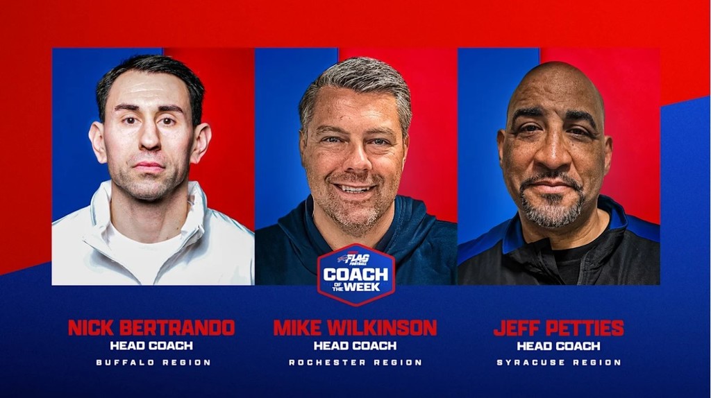 Photos of the  3 Flag Football coaches names as coach of the week.