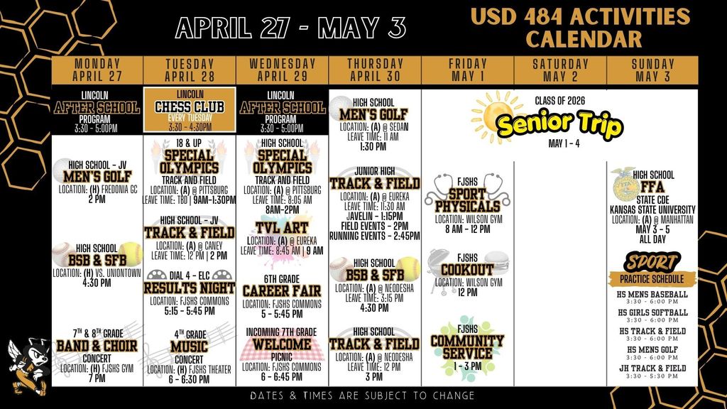 Weekly Calendar 2026 - April 27 - May 3