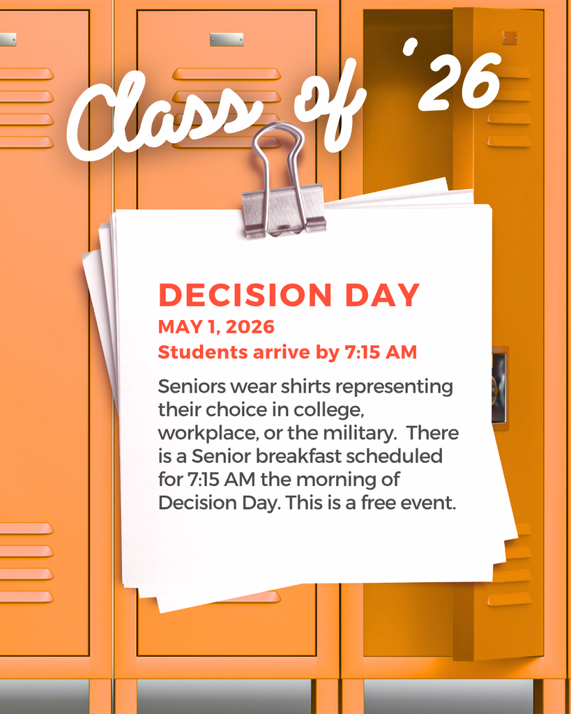 Picture of lockers and a note about Senior Decision Day being May 1, 2026.