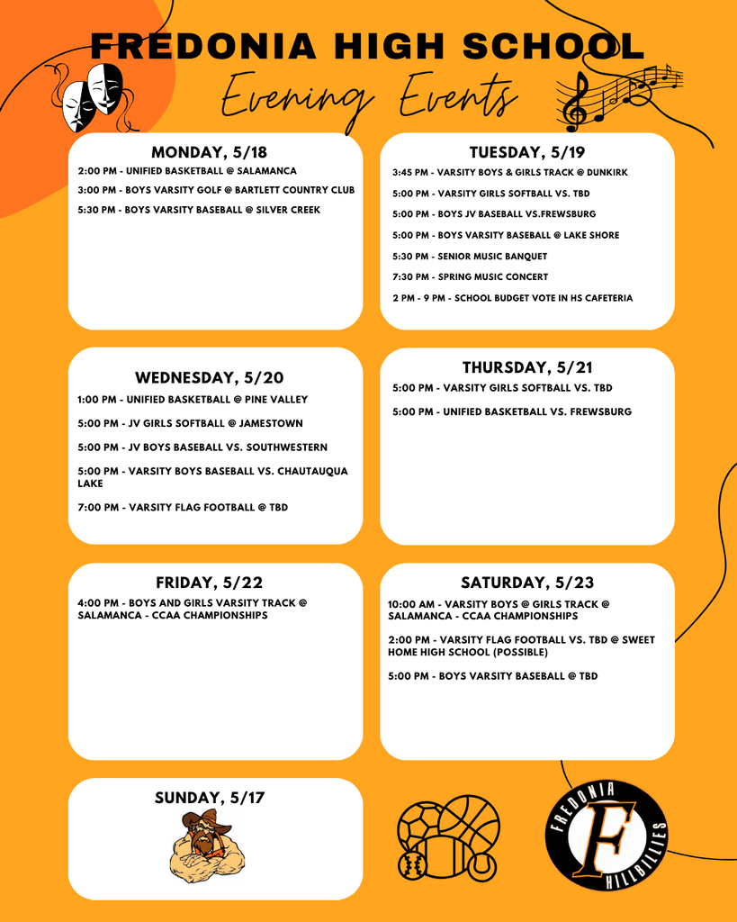 Evening Events at Fredonia High School - Week of 05/18/26.