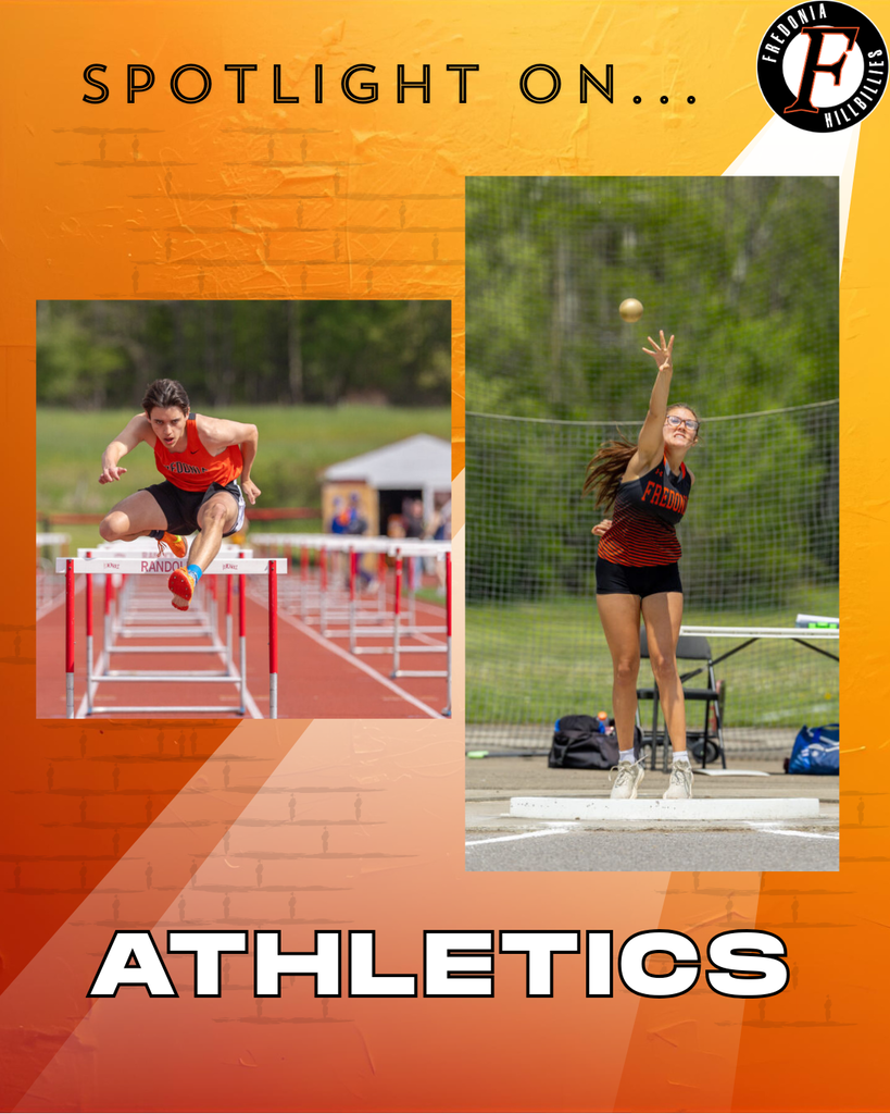 A young man hurdling and a young woman throwing the shot put.