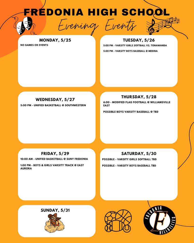Evening Events at Fredonia High School - Week of 5/26/26.