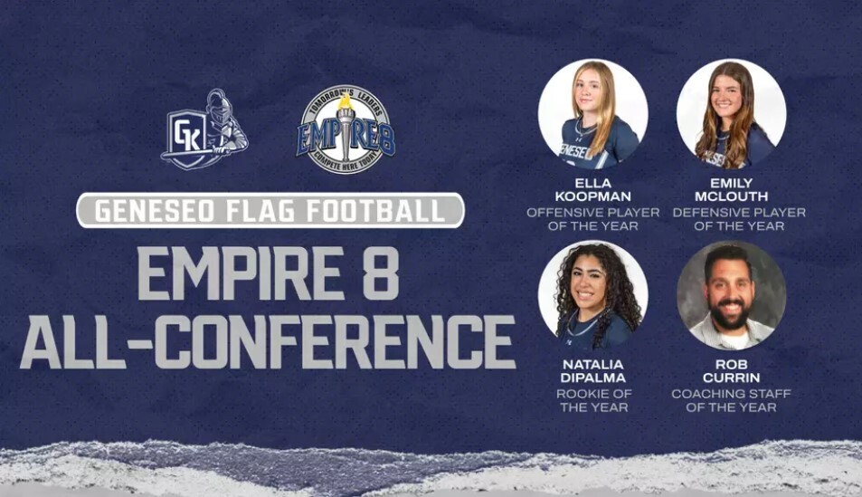 Photos of alumi Ella Koopman and Natalia DiPalma being recognized as part of the Empire  All-Conference Flag Football team.