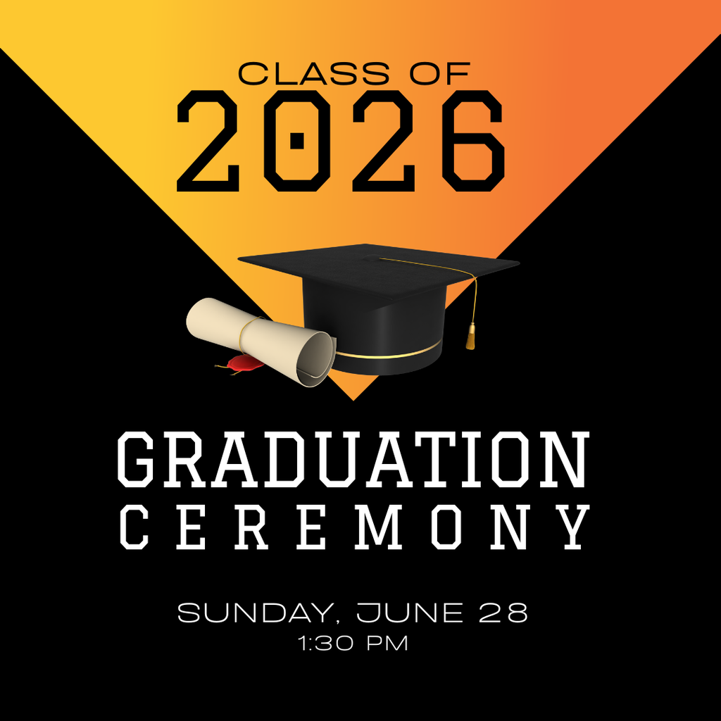 Grad cap and diploma on an orange and black background.
