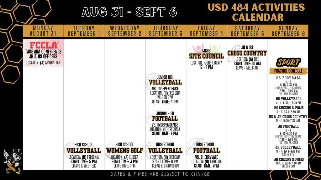 Weekly Calendar 2026 | August 31 - September 6