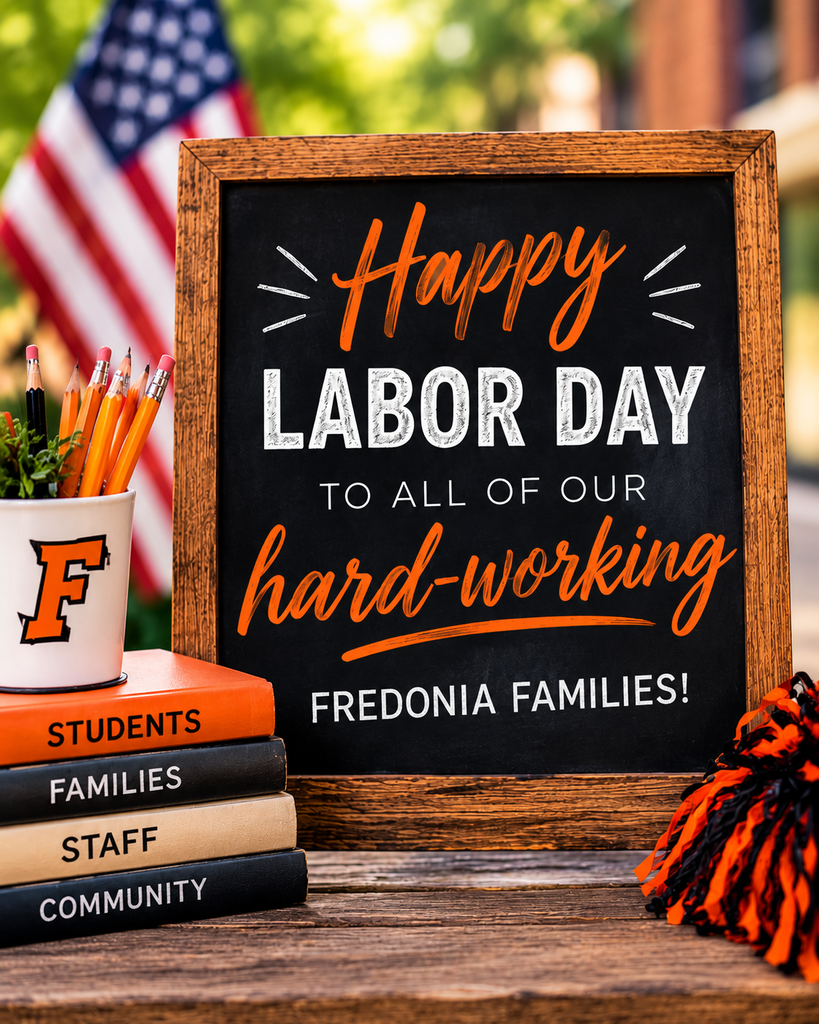 Happy Labor image of a chalkboard and stack of books.