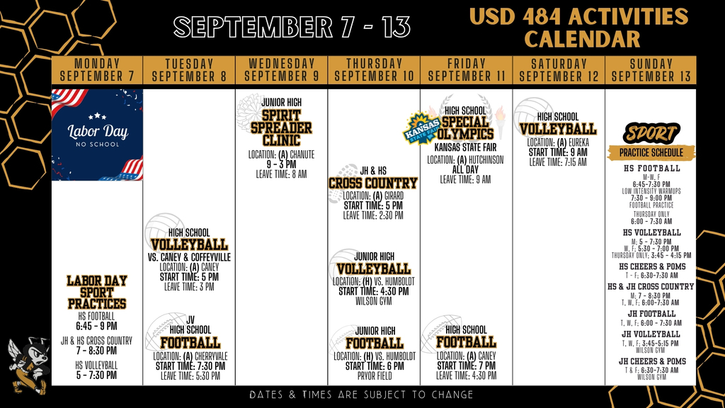 Weekly Calendar 2026 | September 7 - 13