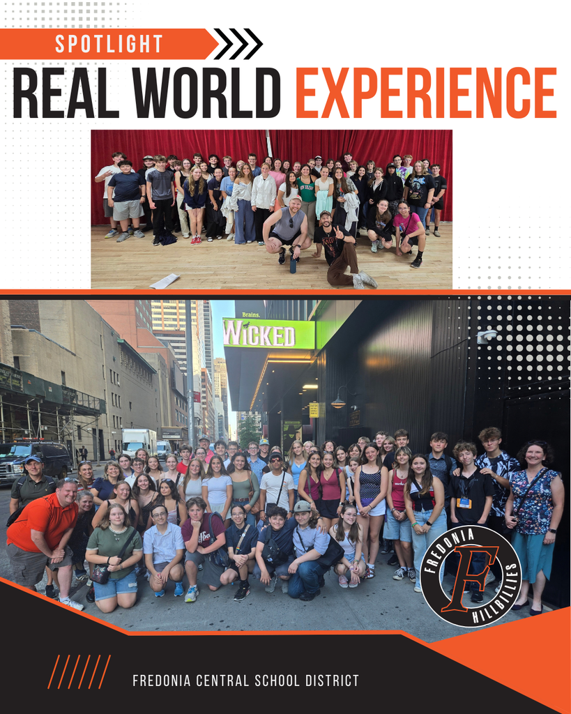 FHS Drama Club students pose outside of the Gershwin Theater before seeing Wicked and pose during workshop with members of the cast.