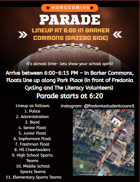 Info regarding for tonight's Homecoming Parade, game and bonfire. Info also in the text of the post.