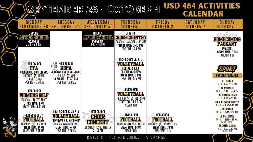 Weekly Calendar 2026 | September 28 - October 4