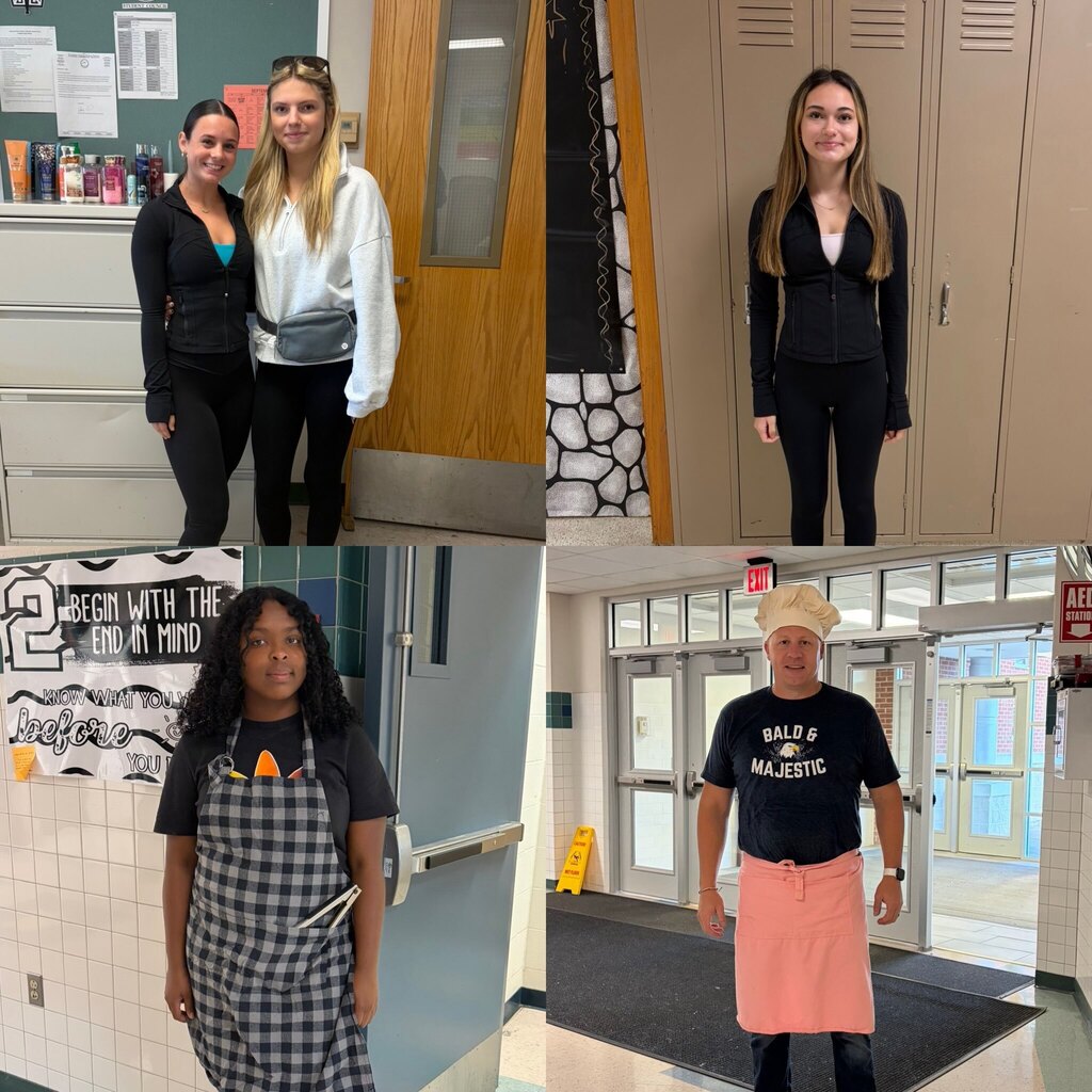 Pictures of students and Mr. Tonelli dressed for Soccer Mom vs BBQ Dad day.