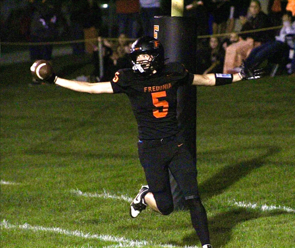 OBSERVER Photo by Braden Carmen Fredonia receiver Graham Putney (5) celebrates after scoring a touchdown during the second quarter of Friday’s Class C South game against the Allegany-Limestone/Hinsdale Gators at the Orange Bowl.