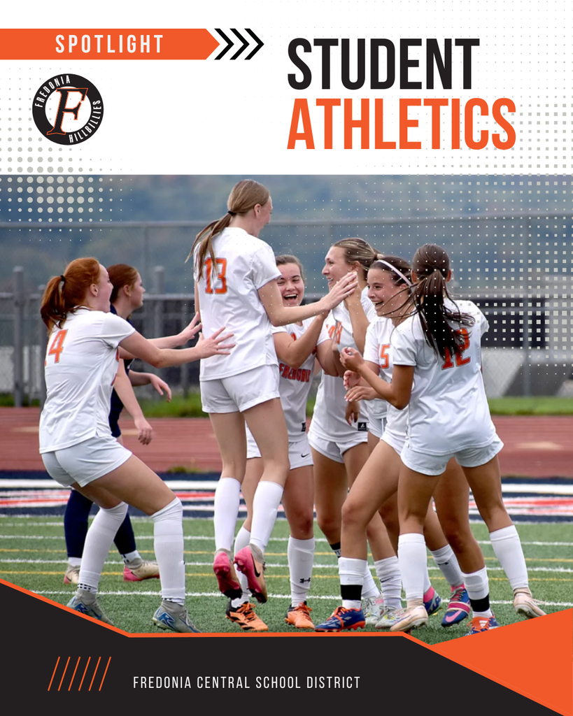 OBSERVER Photo by Matt Spielman Fredonia teammates celebrate with Callie Draggett (18) after the second of her three goals in Tuesday's CCAA Division 1 girls soccer game against Southwestern in West Ellicott.