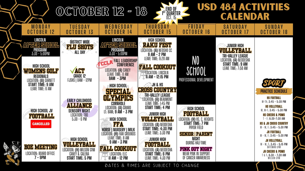 Weekly Calendar 2026 | October 12 - 18